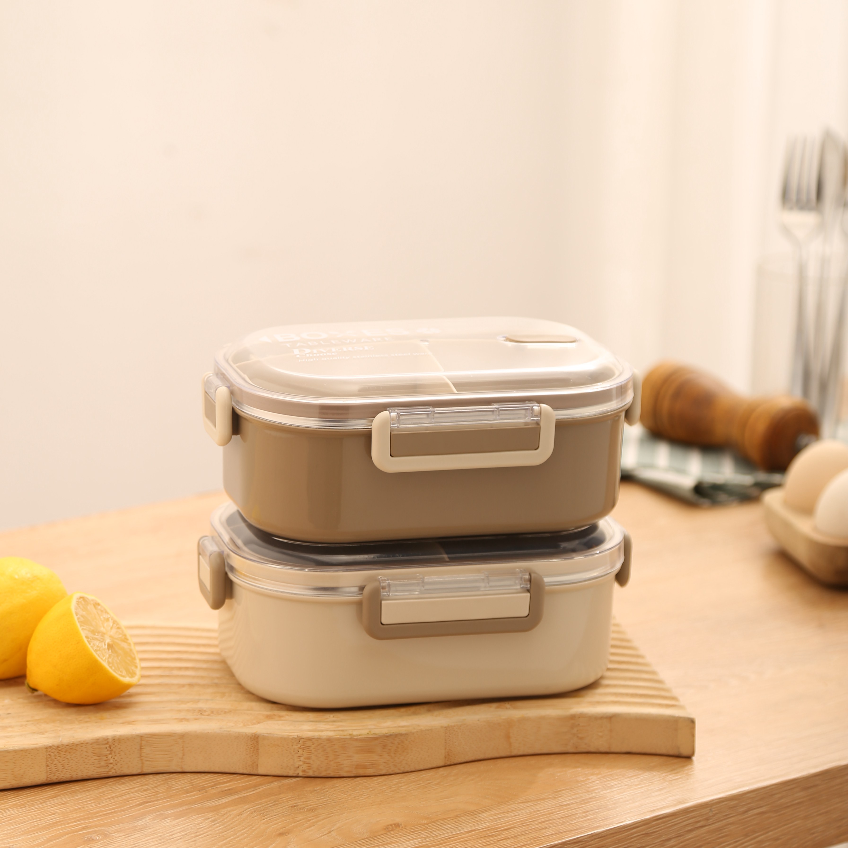 Bento Box with Stainless Steel Compartments, Leakproof Lid, and Built-in Utensil - Beige Lunch Box for Work/School