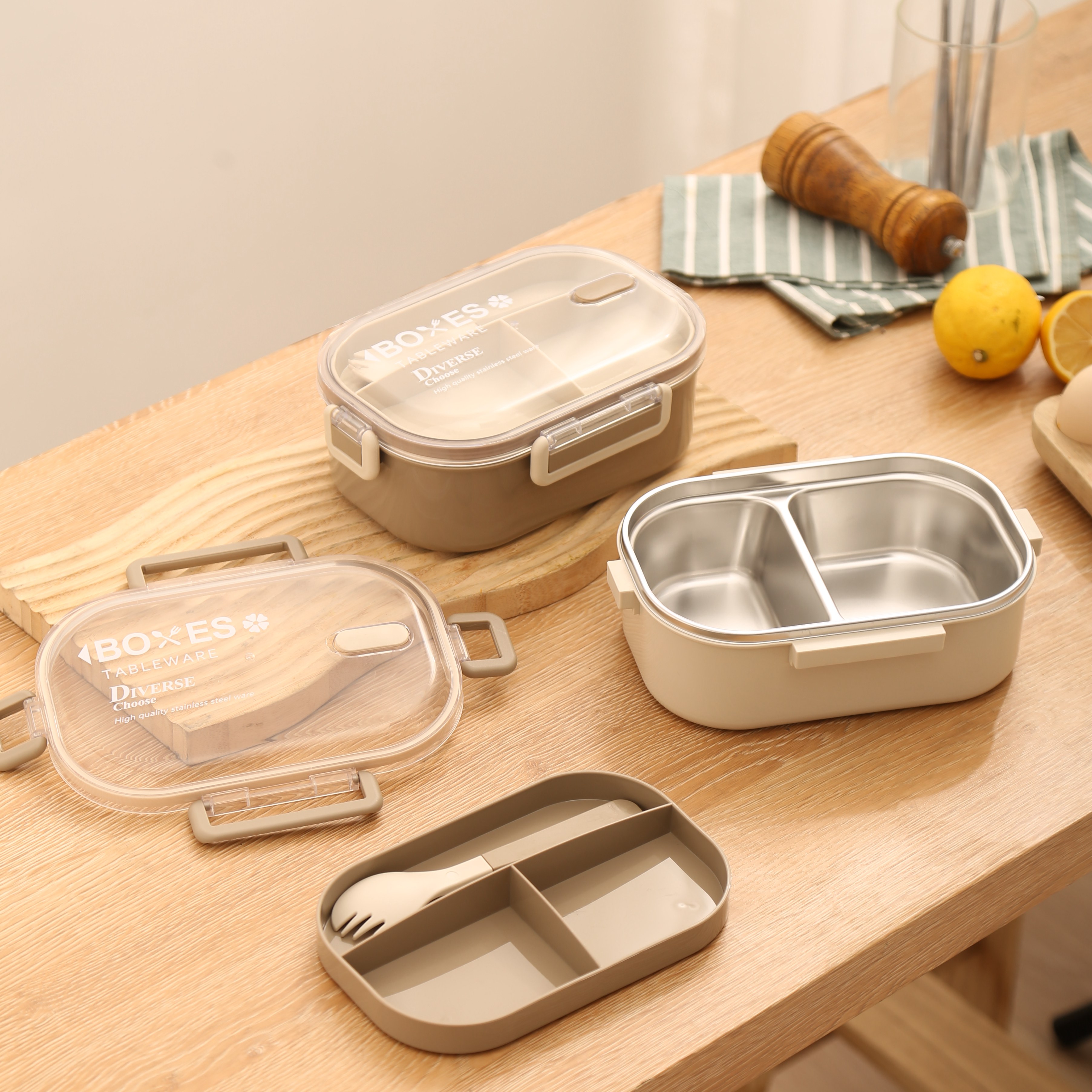 Bento Box with Stainless Steel Compartments, Leakproof Lid, and Built-in Utensil - Beige Lunch Box for Work/School