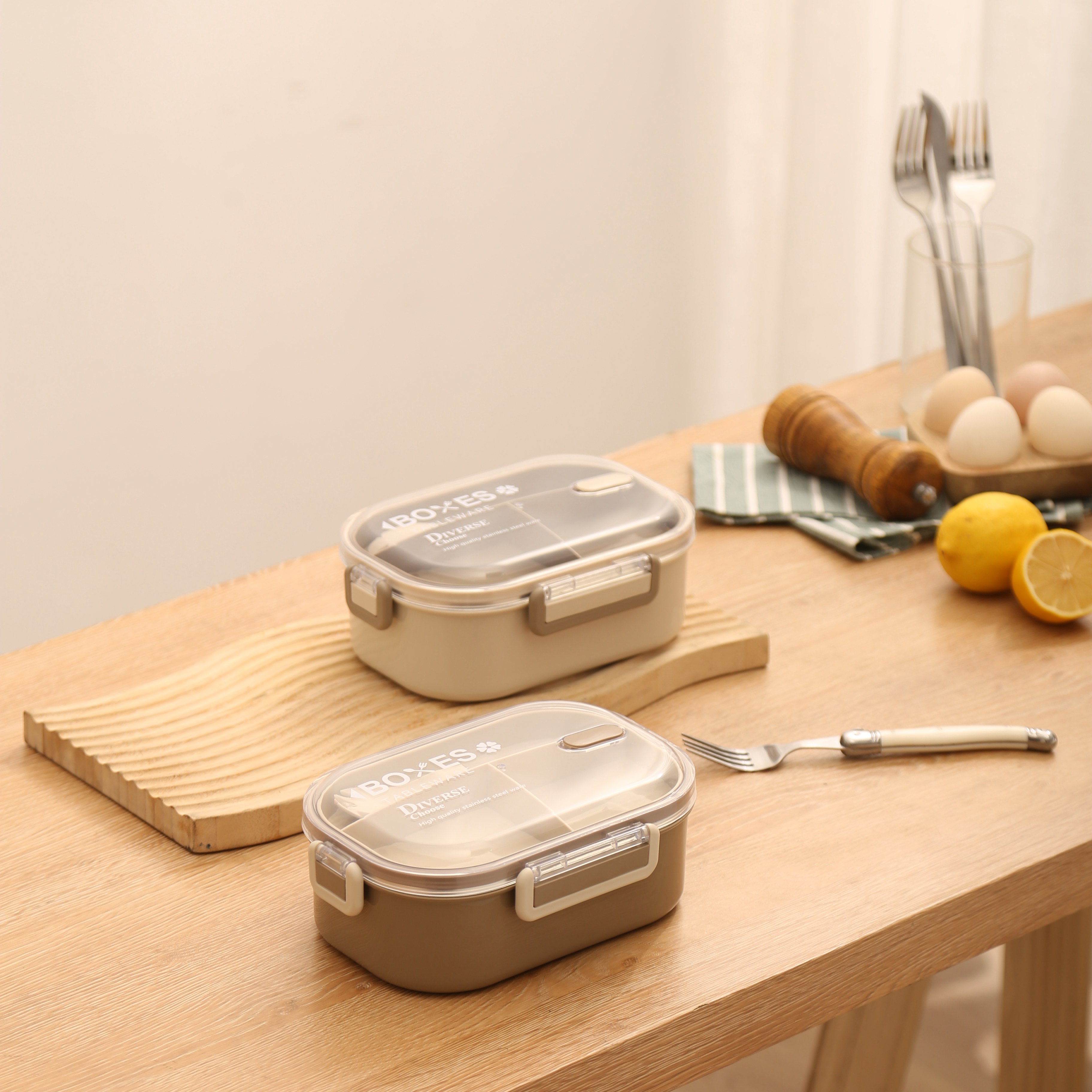 Bento Box with Stainless Steel Compartments, Leakproof Lid, and Built-in Utensil - Beige Lunch Box for Work/School