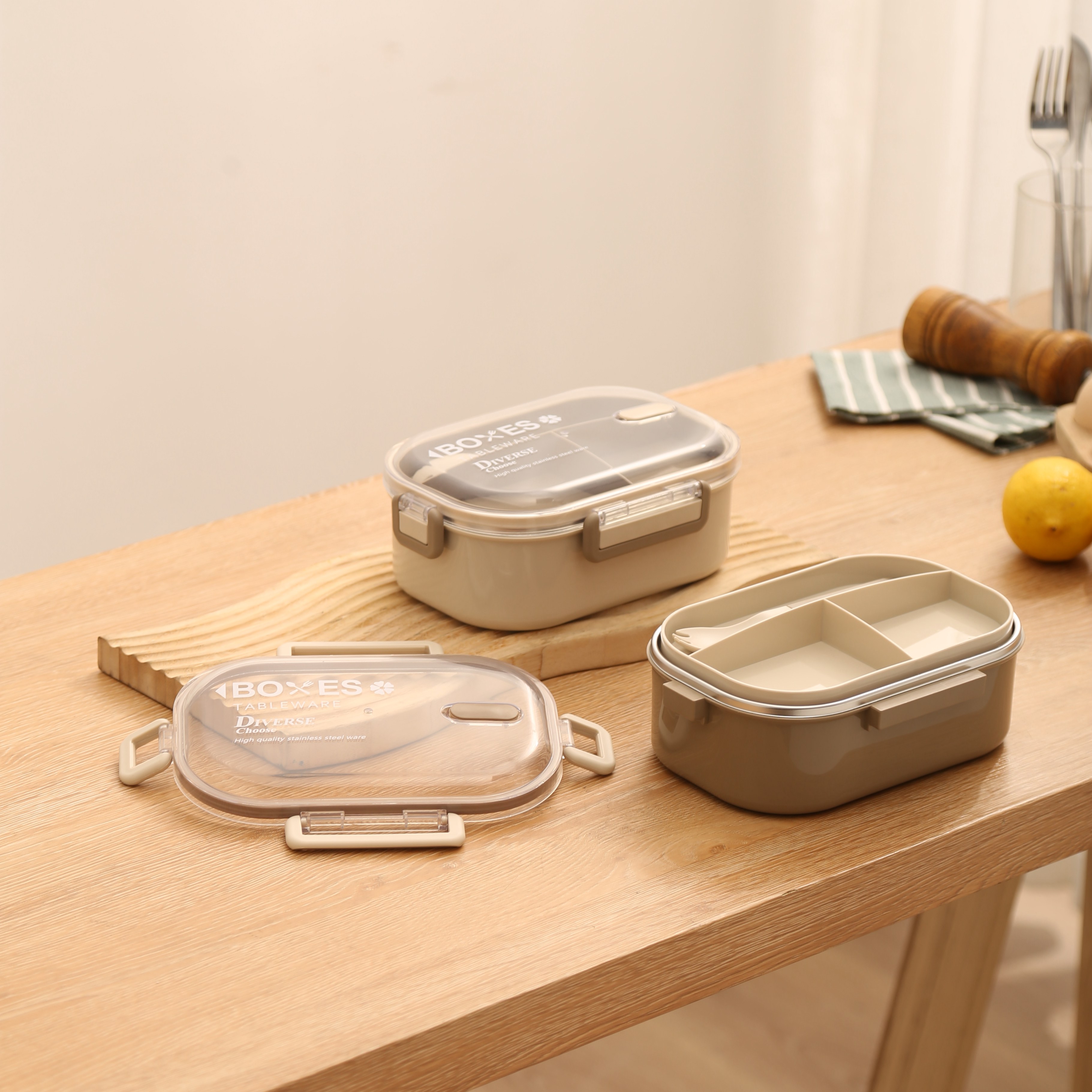 Bento Box with Stainless Steel Compartments, Leakproof Lid, and Built-in Utensil - Beige Lunch Box for Work/School