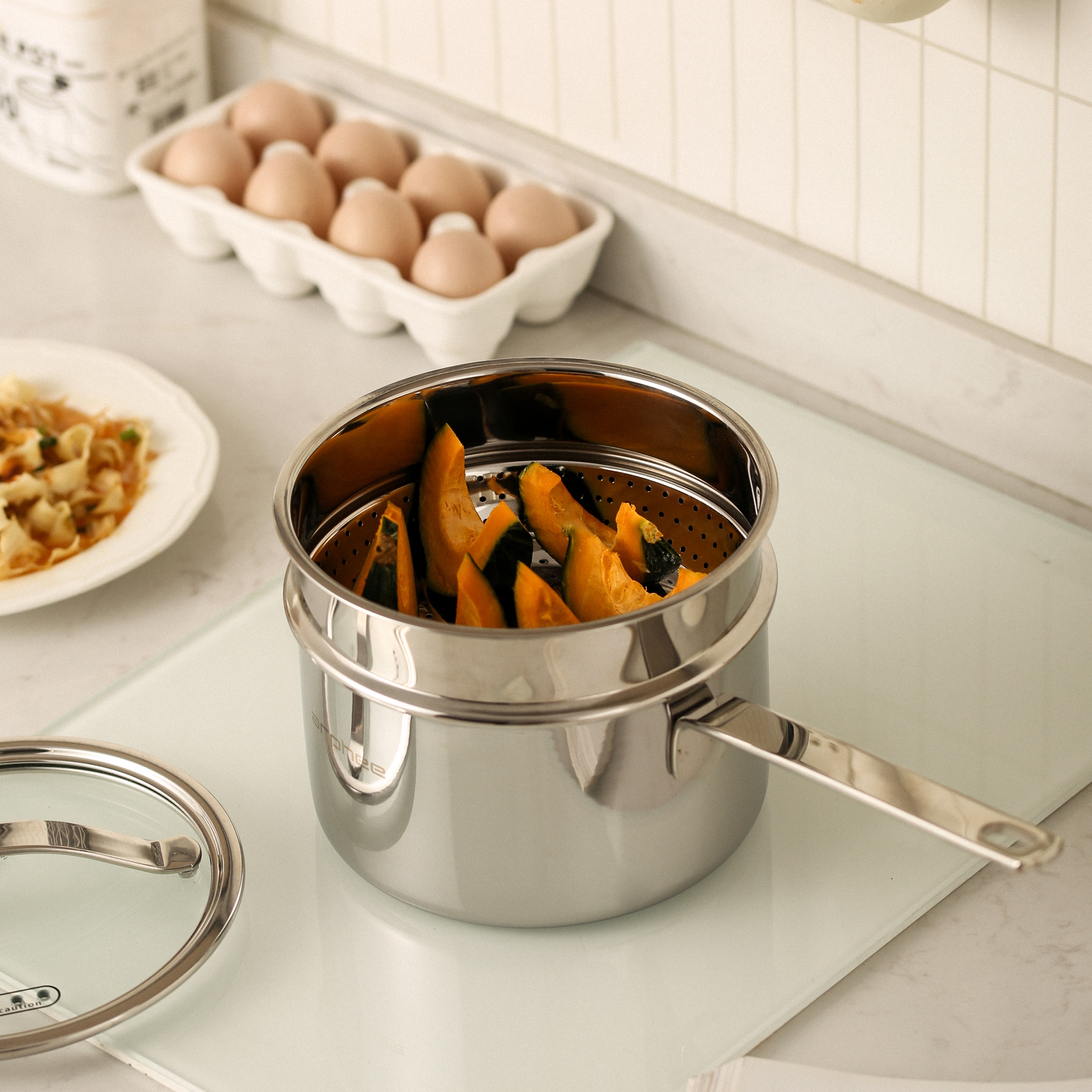 MOLIJIA 304 Stainless Steel Steamer Pot with Built-in Steam Rack, Steaming Pumpkin and Vegetables on Induction Cooktop