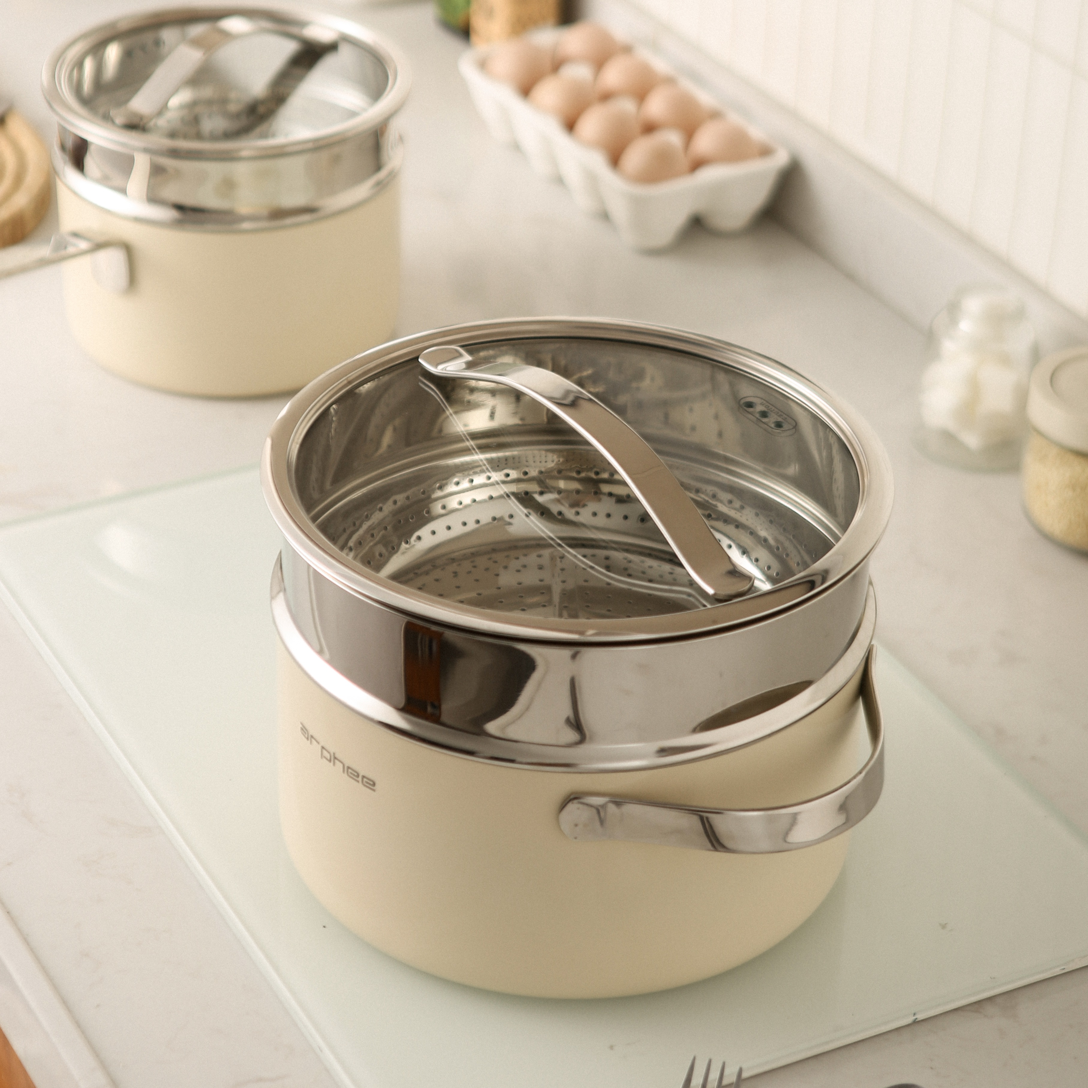 MOLIJIA 304 Stainless Steel Steamer Pot with Built-in Steam Rack, Steaming Pumpkin and Vegetables on Induction Cooktop