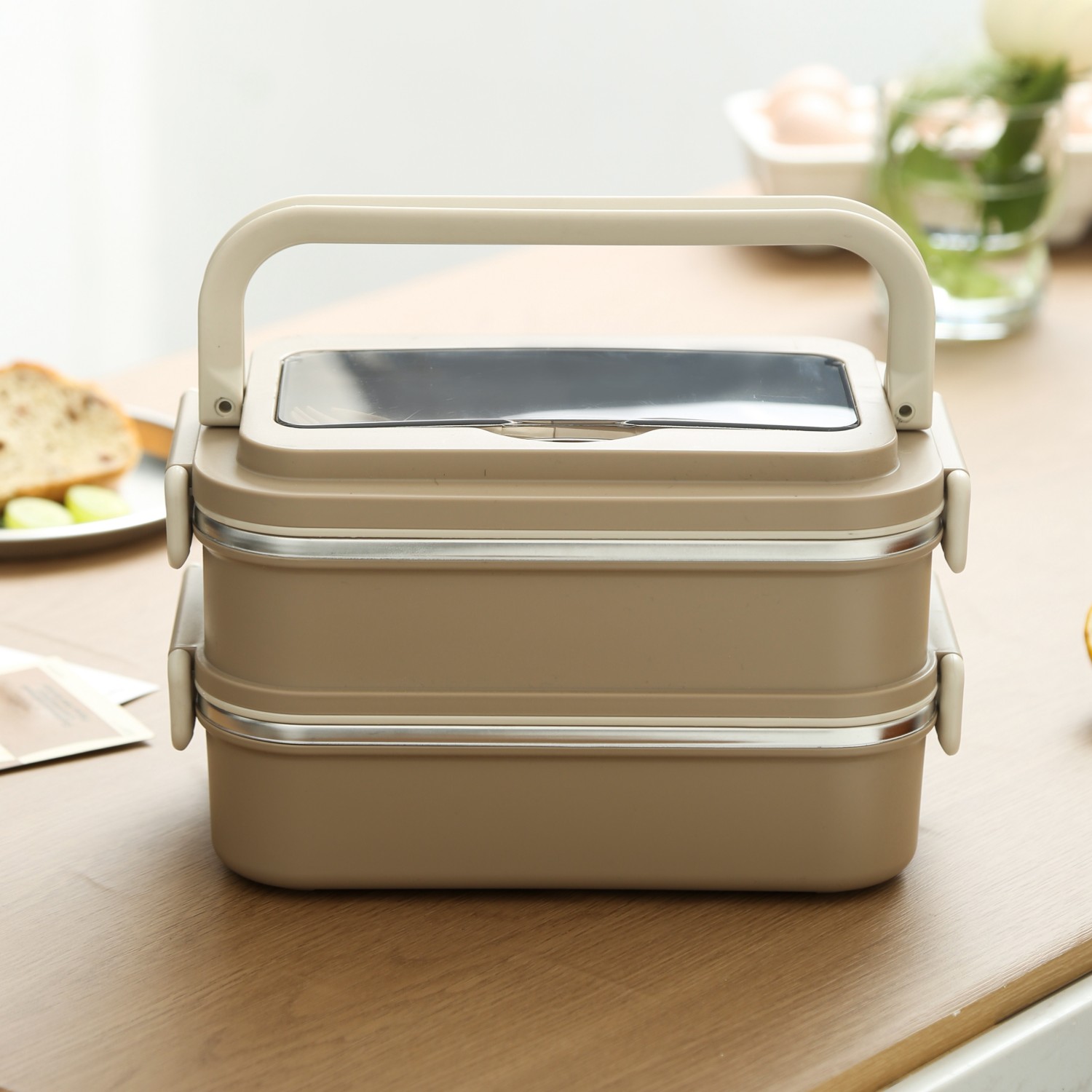 brown double layer stylish lunch box