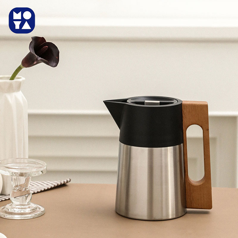 MOYA Pisa Style Stainless Steel Thermal Coffee Carafe with Wooden Handle, Vacuum Insulated Tea Pot