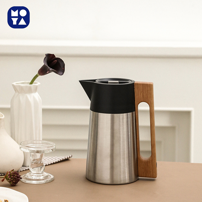 MOYA Pisa Style Stainless Steel Thermal Coffee Carafe with Wooden Handle, Vacuum Insulated Tea Pot