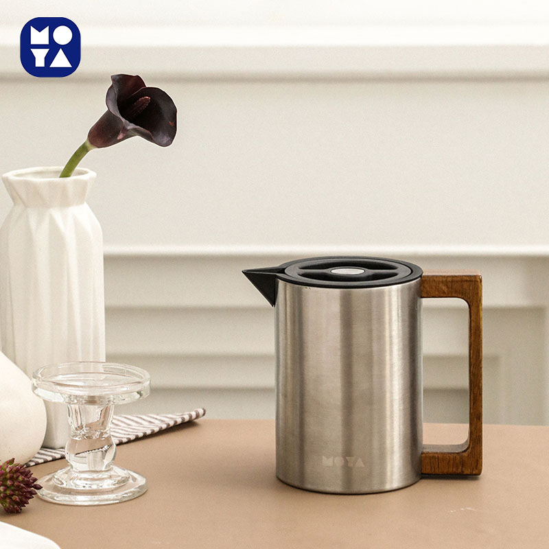MOYA Danish Style Stainless Steel Thermal Coffee Carafe with Wooden Handle, Vacuum Insulated Tea Pot