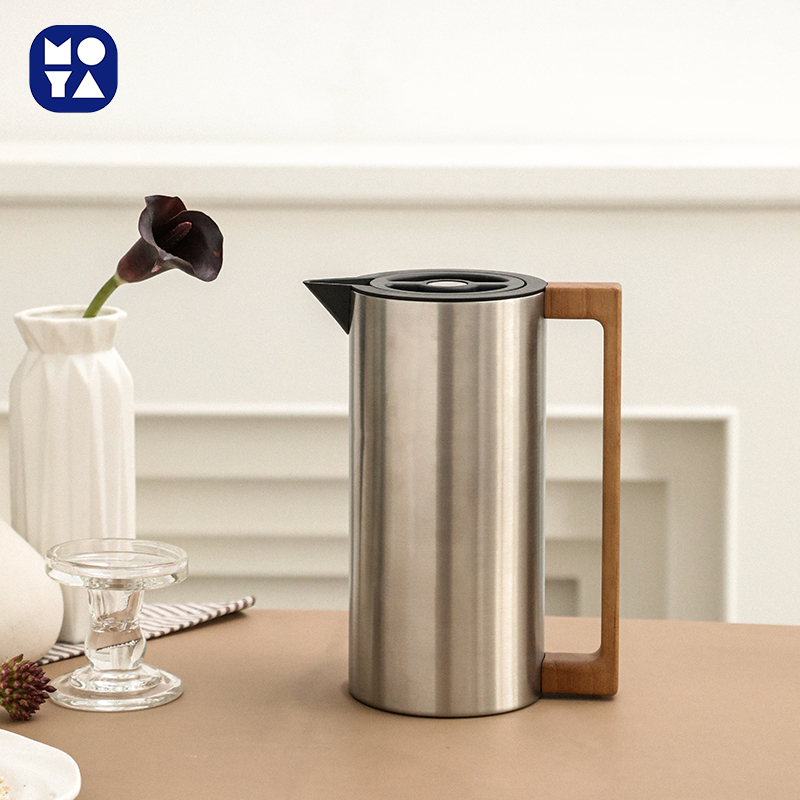 MOYA Danish Style Stainless Steel Thermal Coffee Carafe with Wooden Handle, Vacuum Insulated Tea Pot