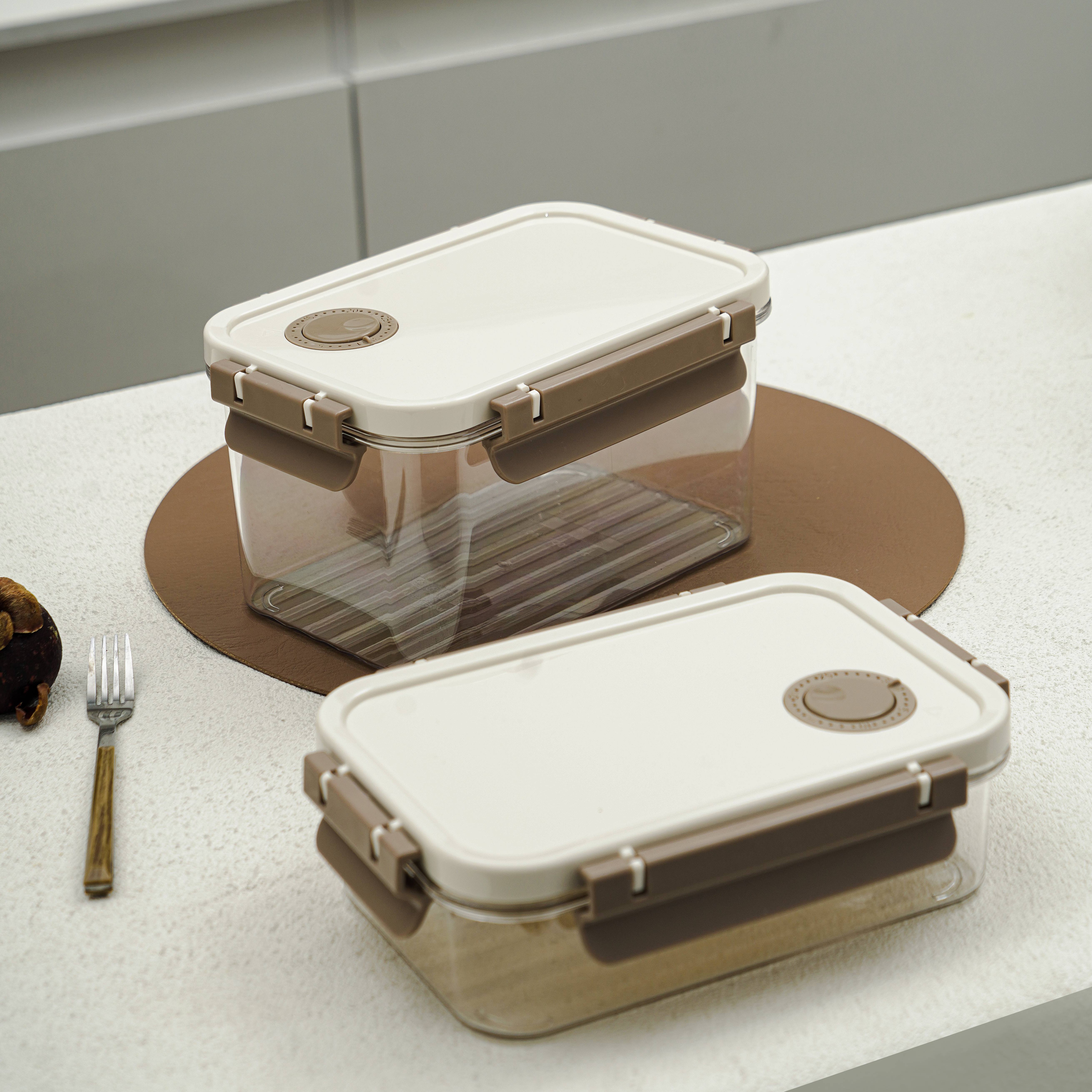 Set of leakproof plastic food storage containers with airtight lids, transparent body, and brown locking clips.
