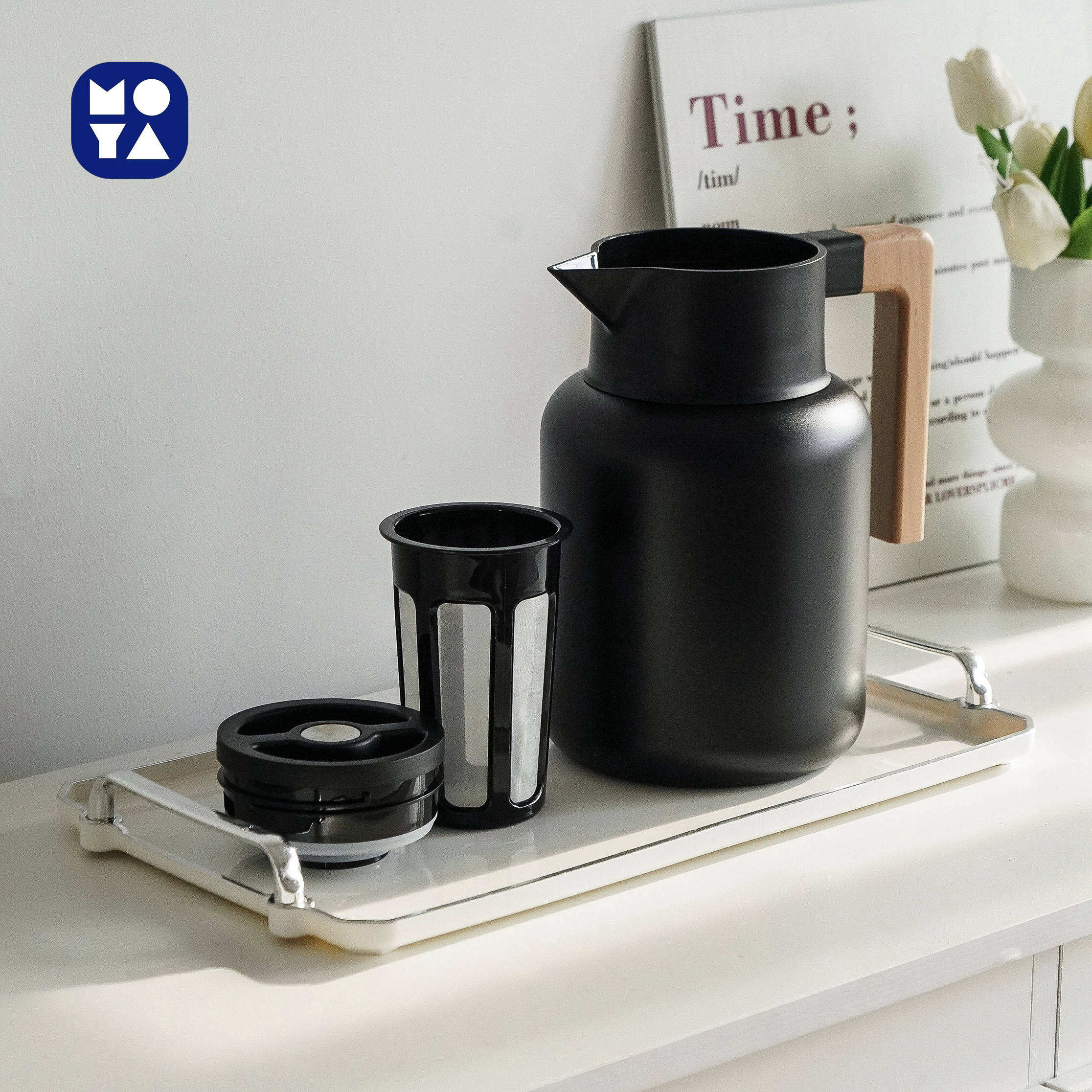MOYA Japanese Style Stainless Steel Thermal Coffee Carafe with Wooden Handle, Vacuum Insulated Tea Pot