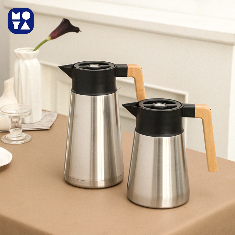 MOYA French Style Stainless Steel Thermal Coffee Carafe with Wooden Handle, Vacuum Insulated Tea Pot