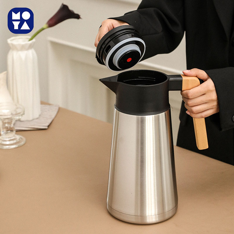 MOYA French Style Stainless Steel Thermal Coffee Carafe with Wooden Handle, Vacuum Insulated Tea Pot