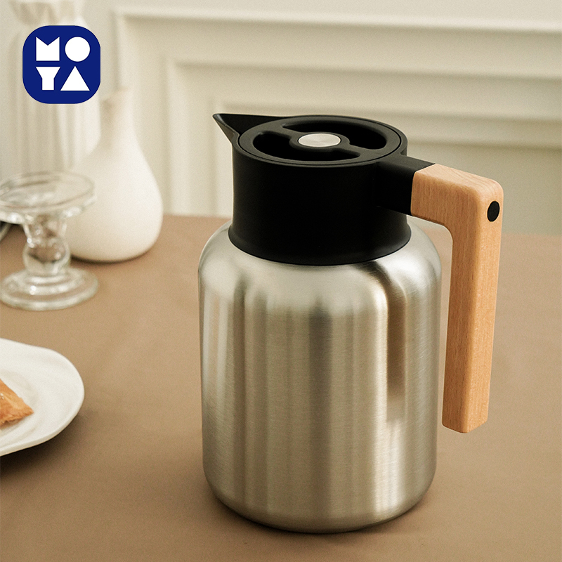 MOYA Japanese Style Stainless Steel Thermal Coffee Carafe with Wooden Handle, Vacuum Insulated Tea Pot