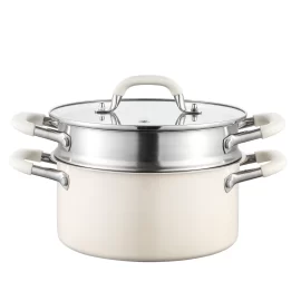 MOYA Cream-White 304 Tri-Ply Pot & Steamer Set – Heat-Resistant Handle Cookware for Home Kitchen