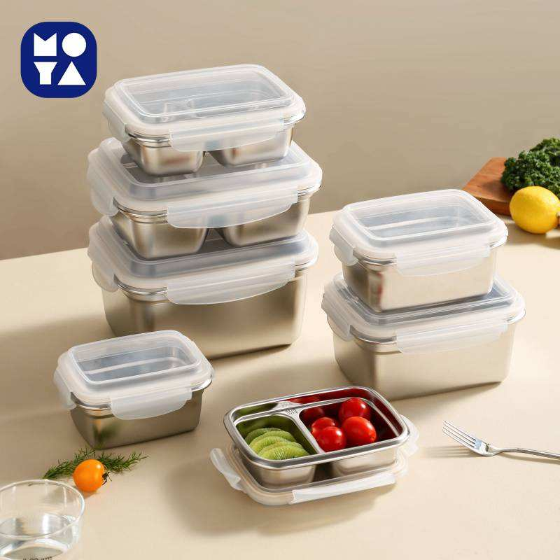 MOYA 304 Stainless Steel Food Storage Containers | 2-Compartment Leakproof Lunch Boxes with Clear Lids, Stackable for Meal Prep & Fridge Organization