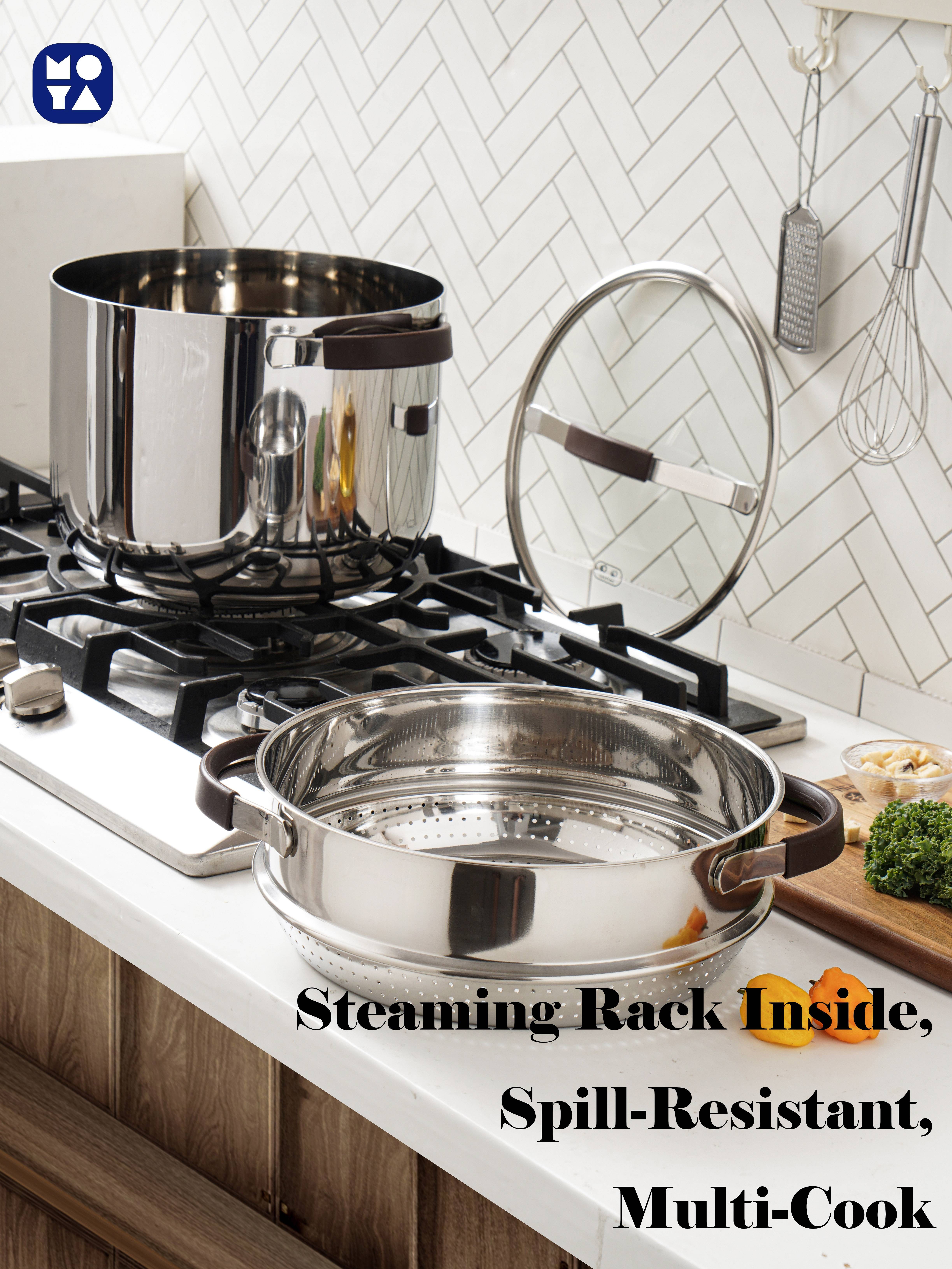 304 Stainless Steel Steamer Pot with Steamer Basket, Glass Lid & Anti-Scald Handles for Kitchen Cooking