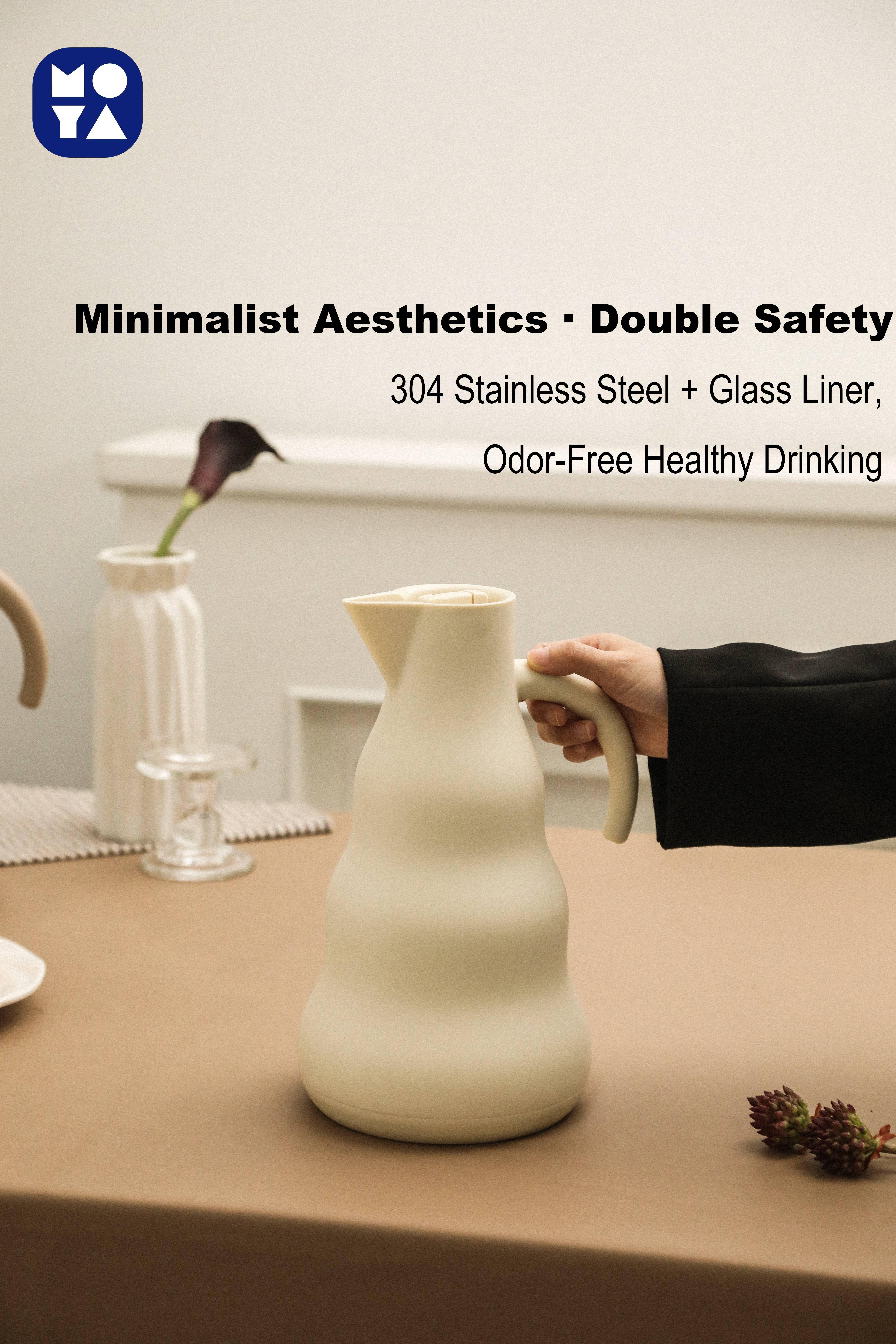 MOYA Premium 304 Stainless Steel Thermal Carafe with Wavy Shape, Glass Liner for Heat Retention, Beige Color, Modern Minimalist Design