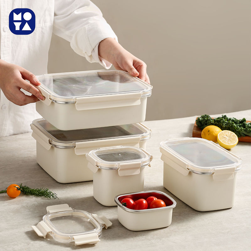MOYA 304 Stainless Steel Food Storage Containers with White Exterior & Clear Lids | Stackable Airtight Leak-Proof Fresh-Keeping Boxes for Kitchen, Camping & Meal Prep