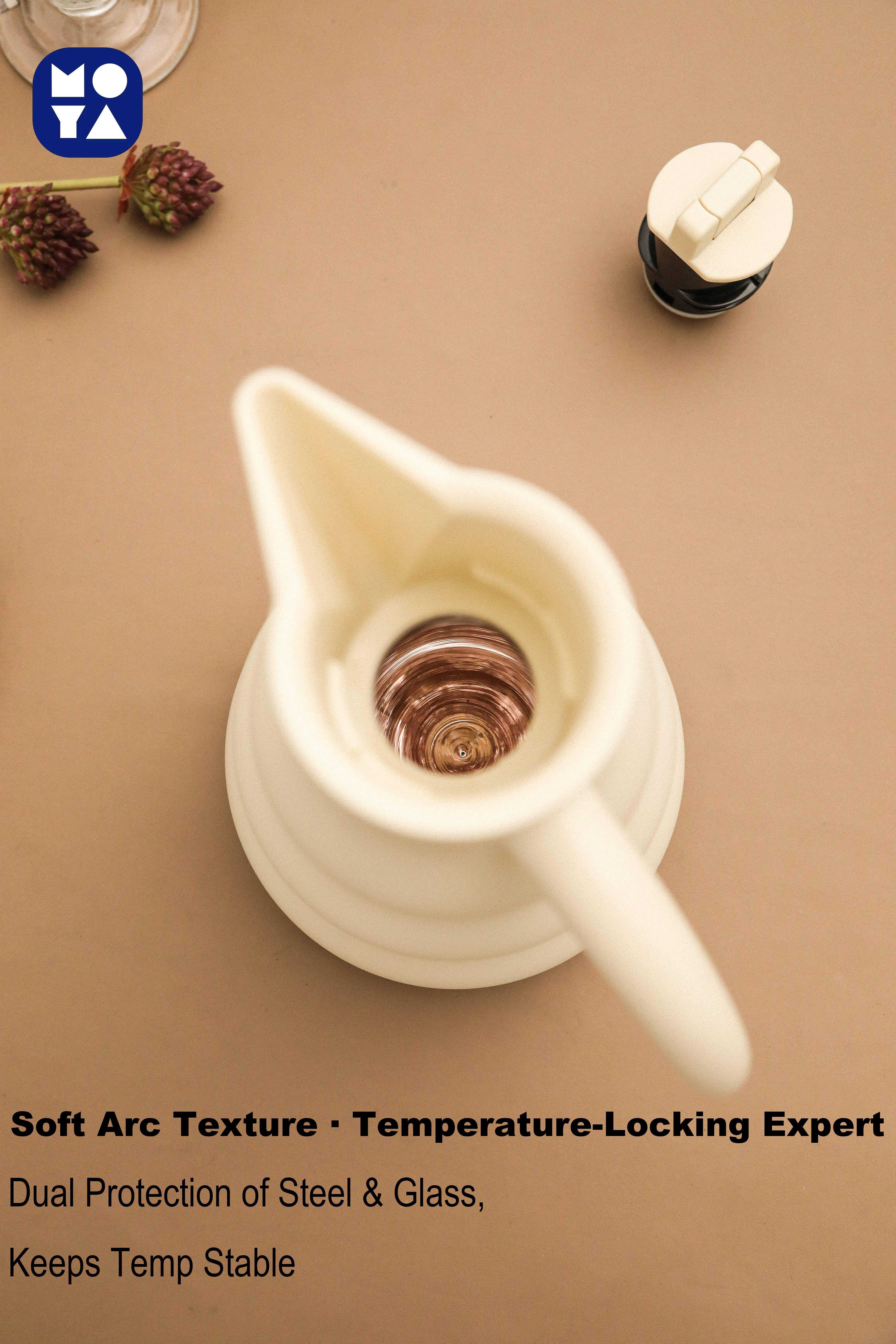 MOYA Premium 304 Stainless Steel Thermal Carafe with Wavy Shape, Glass Liner for Heat Retention, Beige Color, Modern Minimalist Design