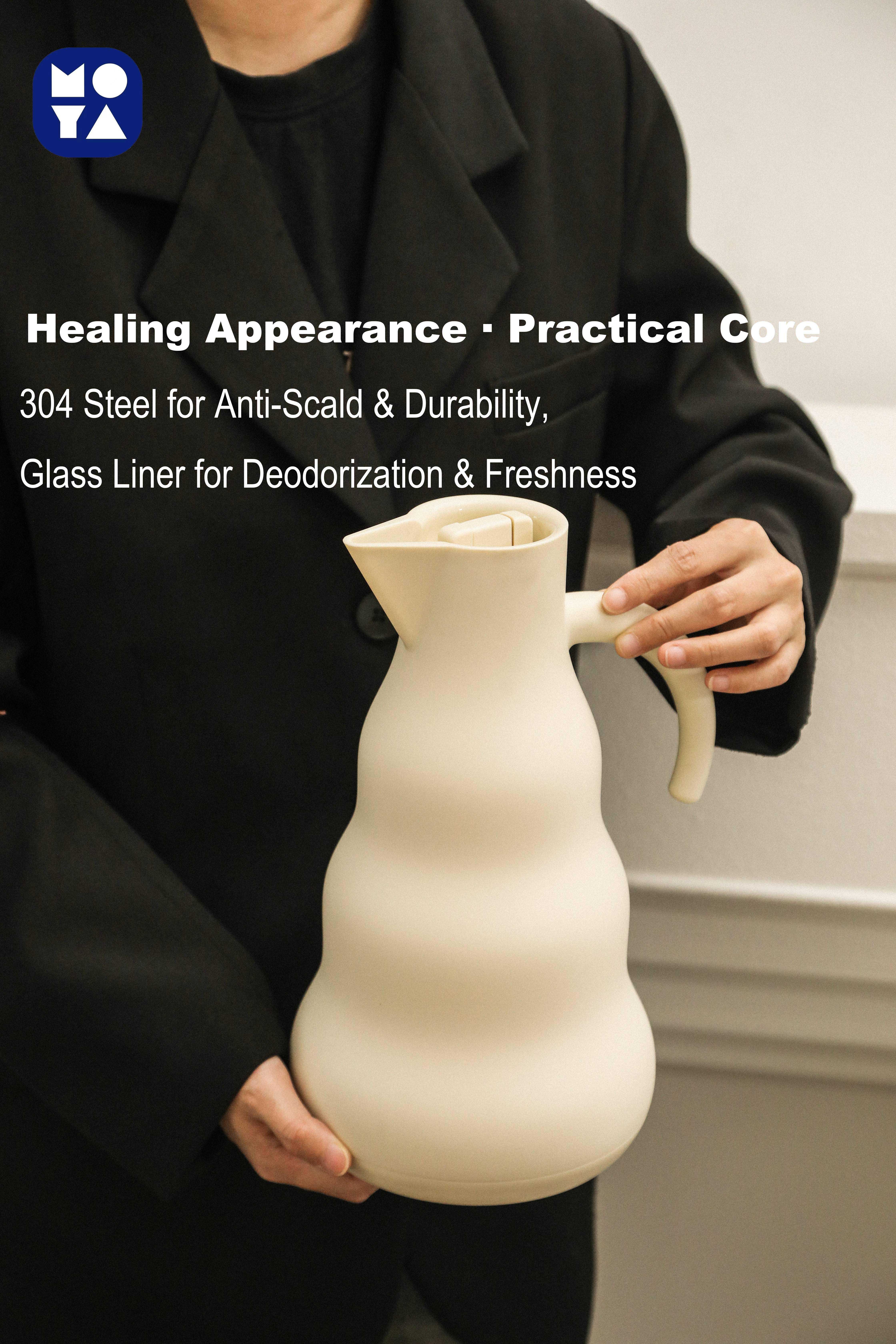 MOYA Premium 304 Stainless Steel Thermal Carafe with Wavy Shape, Glass Liner for Heat Retention, Beige Color, Modern Minimalist Design