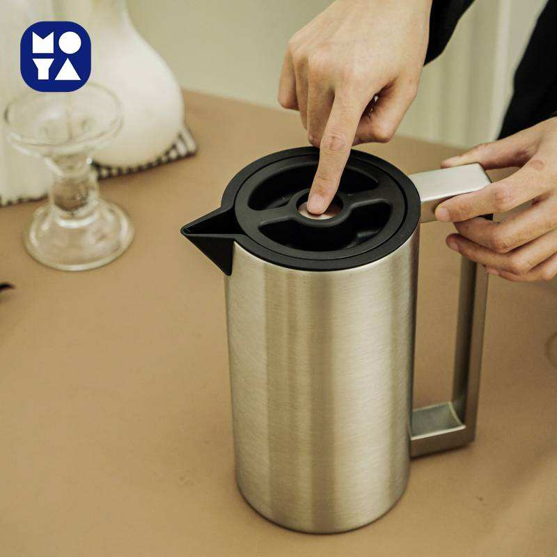 MOYA 304 Stainless Steel Insulated Thermal Carafe with Aluminum Handle, Denmark Style, One-Button Dispensing, Airtight Leak-Proof, for Home Office Party Use