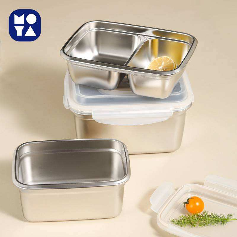 MOYA 304 Stainless Steel Food Storage Containers | 2-Compartment Leakproof Lunch Boxes with Clear Lids, Stackable for Meal Prep & Fridge Organization