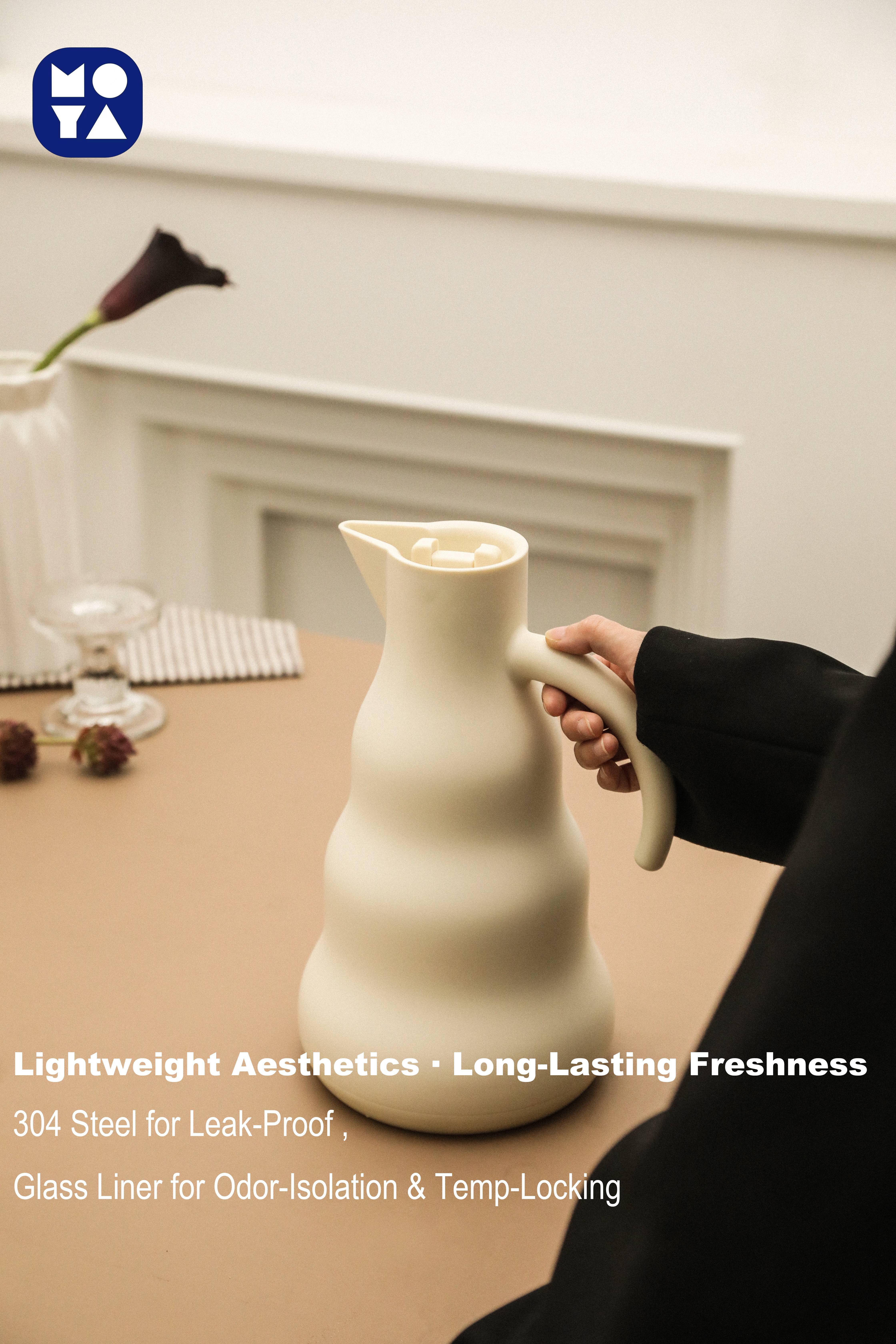 MOYA Premium 304 Stainless Steel Thermal Carafe with Wavy Shape, Glass Liner for Heat Retention, Beige Color, Modern Minimalist Design