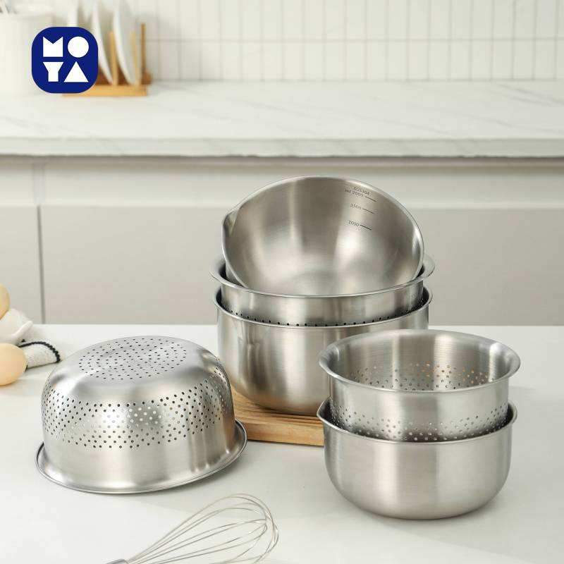 MOYA 304 Stainless Steel Colander Bowl Set, Double Layer Drain Basket with Measuring Marks for Fruit Vegetable Washing