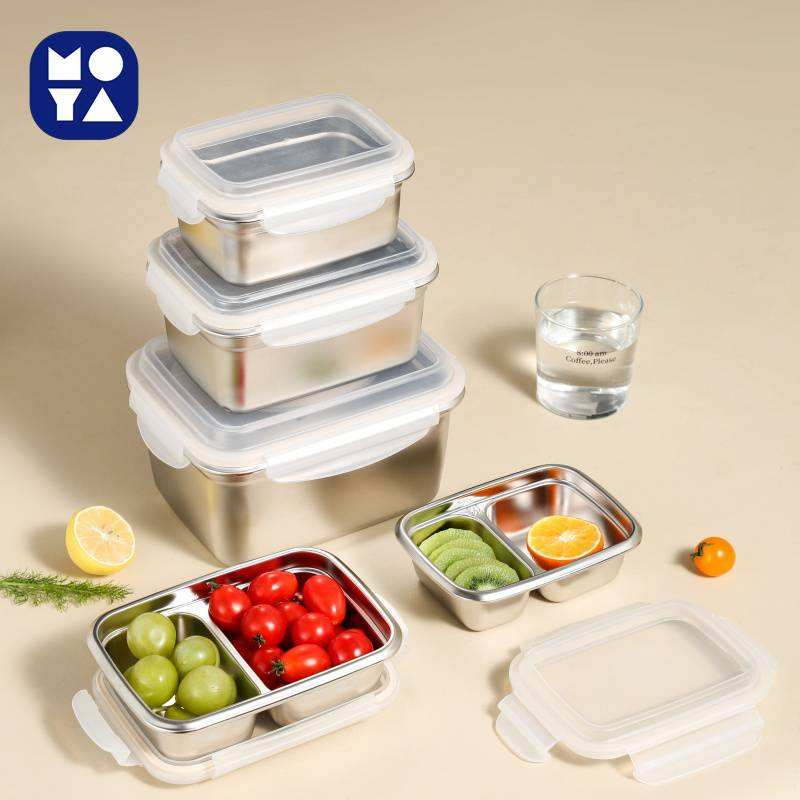 MOYA 304 Stainless Steel Food Storage Containers | 2-Compartment Leakproof Lunch Boxes with Clear Lids, Stackable for Meal Prep & Fridge Organization