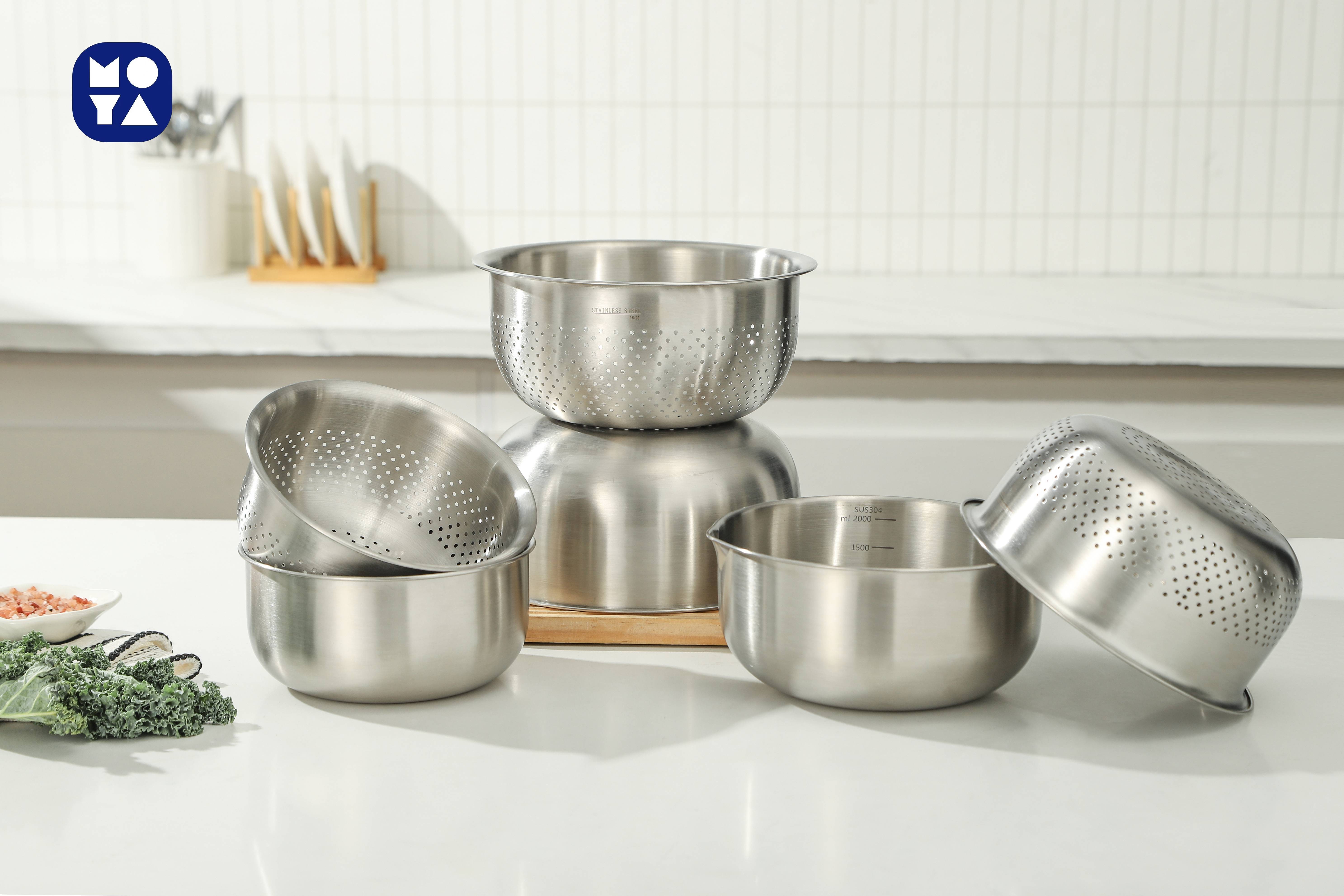 MOYA 304 Stainless Steel Colander Bowl Set, Double Layer Drain Basket with Measuring Marks for Fruit Vegetable Washing