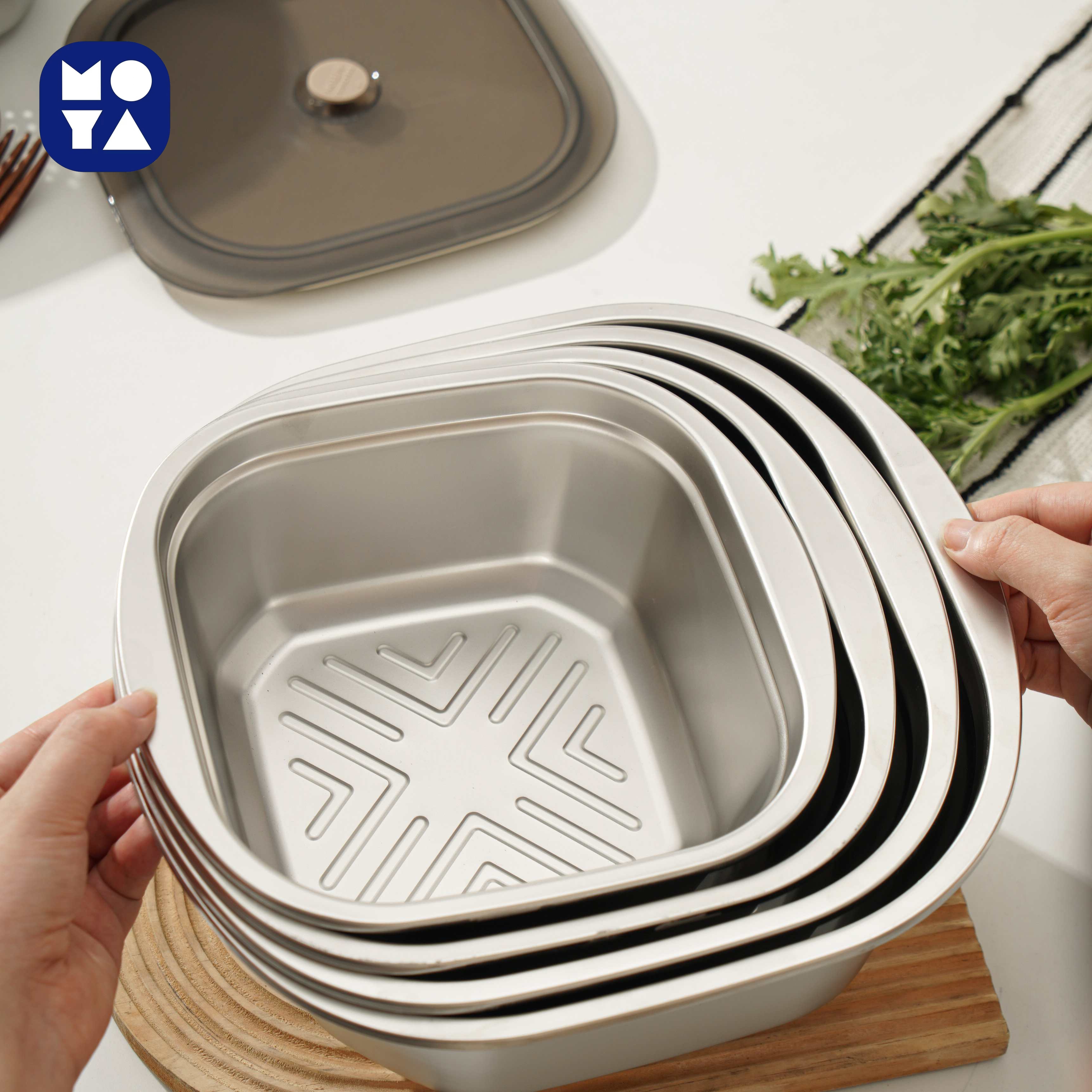 MOYA 304 Stainless Steel Nesting Colander Bowl Set with Clear Lids, Multi-Use Food Strainer for Kitchen Washing & Storage