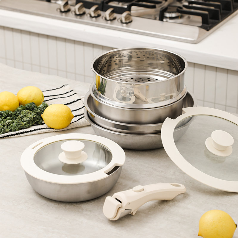 Modular Stainless Steel Cookware Set with Detachable Handles, 3 - Piece Pots & Pans for Kitchen, Induction Compatible, Space - Saving Design