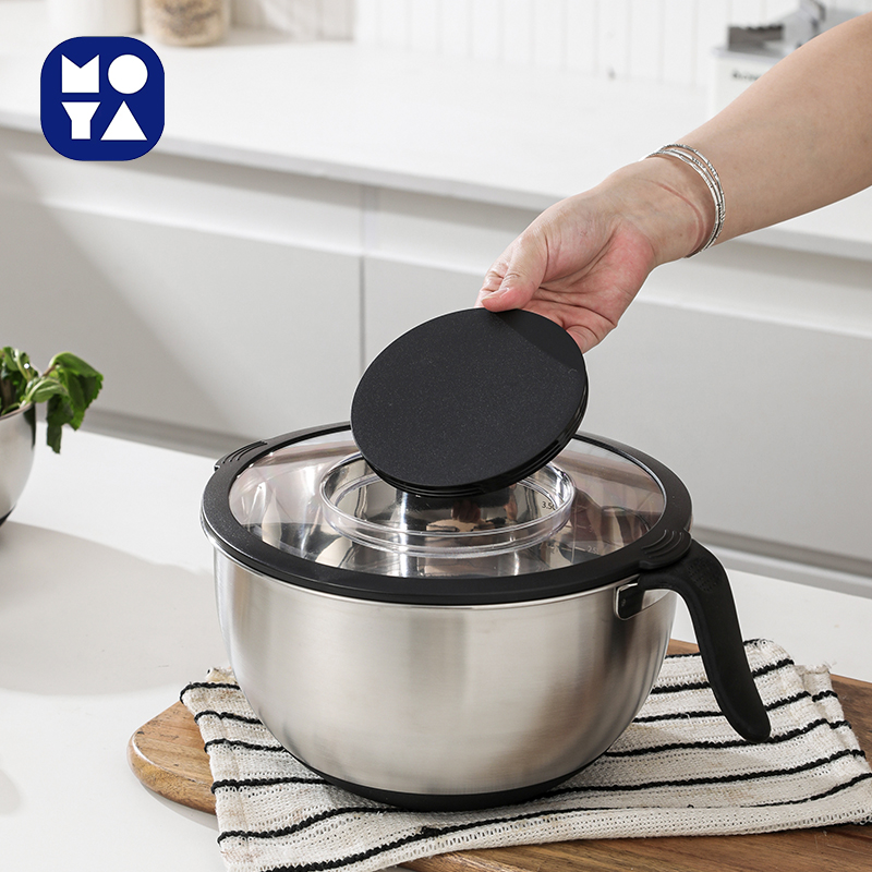 MOYA Stainless Steel Salad Bowl Set with 3 Grater Plates & Transparent Lids