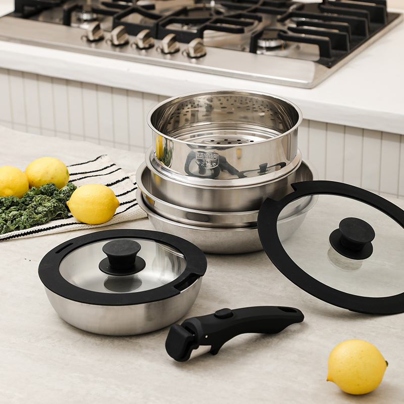 Modular Stainless Steel Cookware Set with Detachable Handles, 3 - Piece Pots & Pans for Kitchen, Induction Compatible, Space - Saving Design