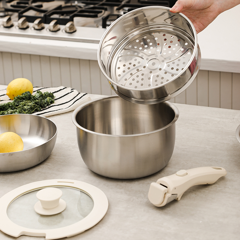 Modular Stainless Steel Cookware Set with Detachable Handles, 3 - Piece Pots & Pans for Kitchen, Induction Compatible, Space - Saving Design