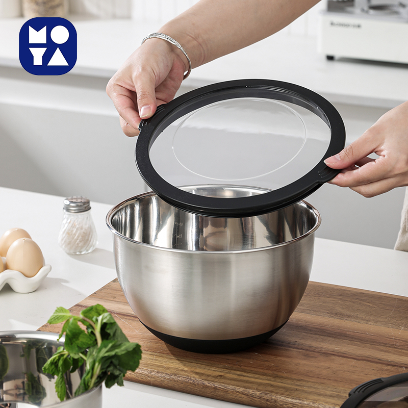 MOYA Stainless Steel Salad Bowl Set with 3 Grater Plates & Transparent Lids