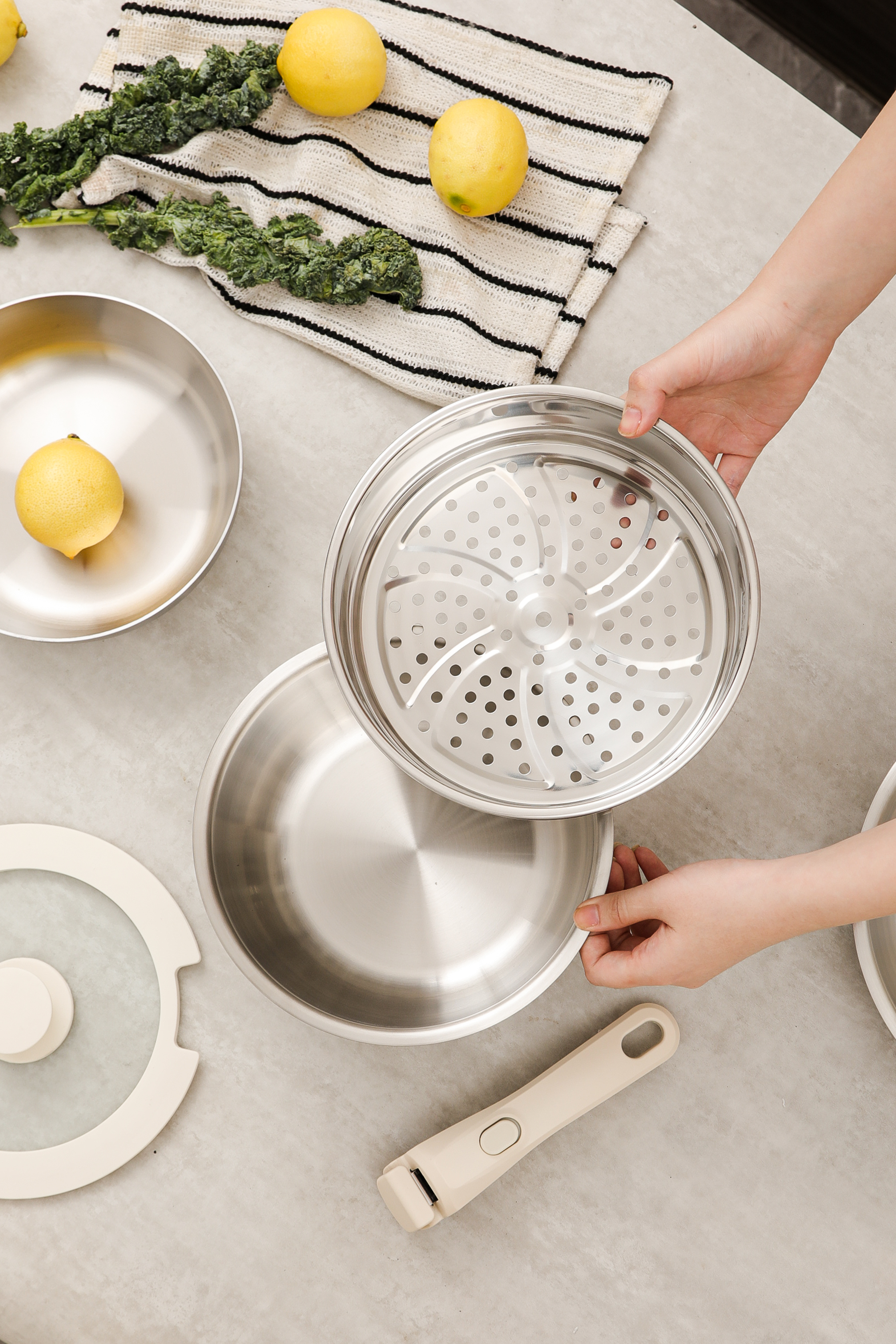 Modular Stainless Steel Cookware Set with Detachable Handles, 3 - Piece Pots & Pans for Kitchen, Induction Compatible, Space - Saving Design