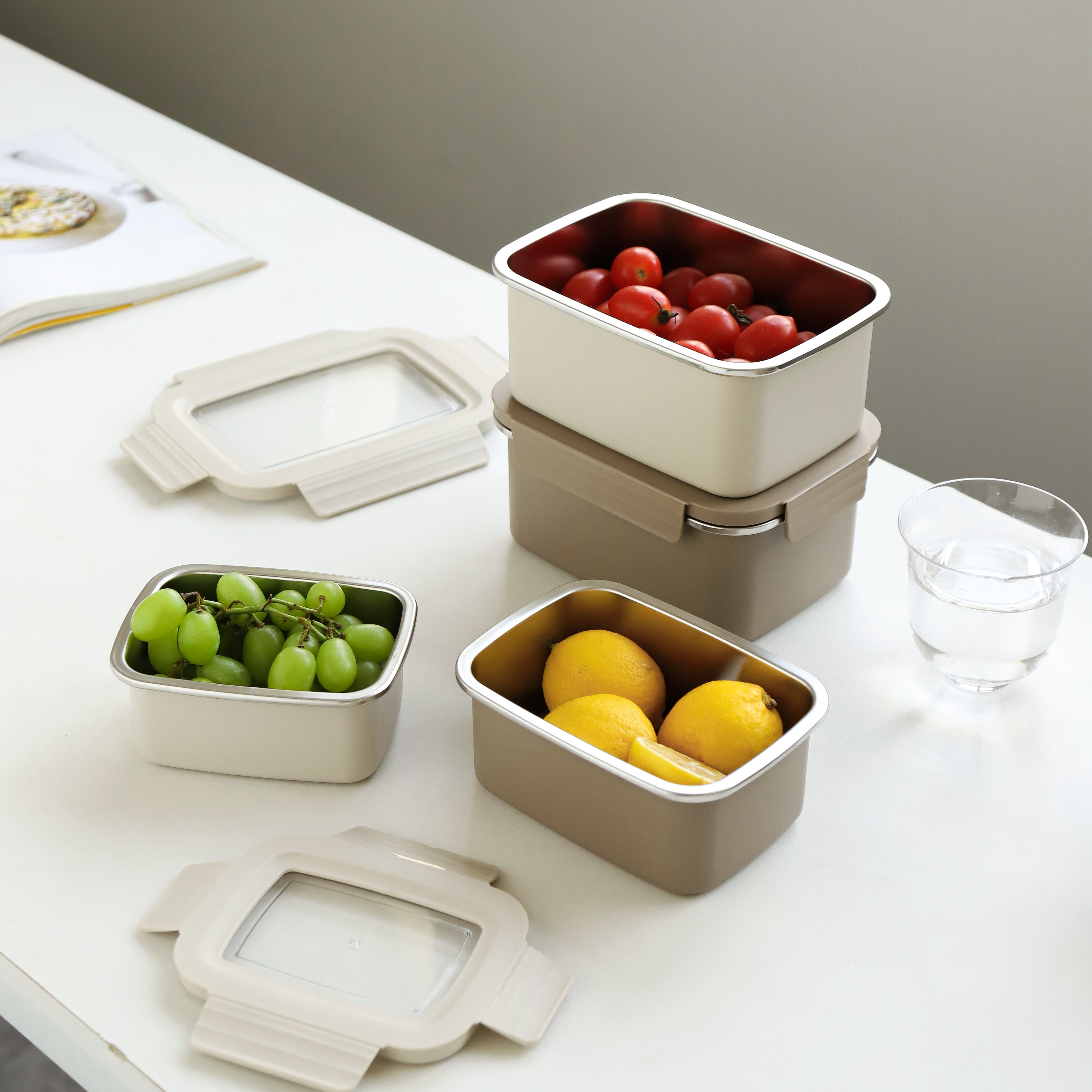 Korean Style Rectangular Food Containers | Stainless Steel/Plastic with Airtight Lids, Solid Color (Beige/Brown) & Spray-Painted Design, for Meal Prep, Fridge Storage, Leftovers