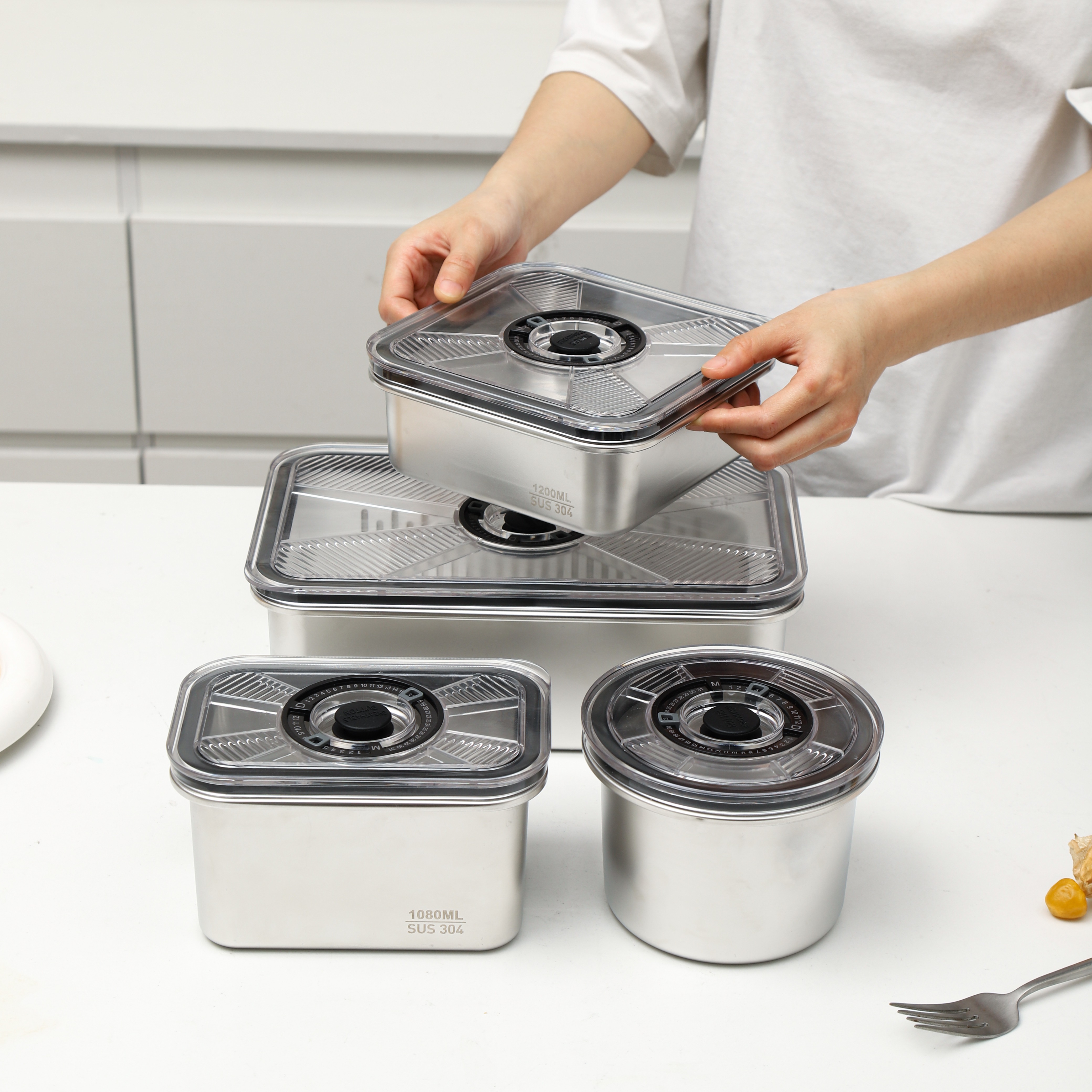 MOYA 304 Stainless Steel Vacuum Sealed Food Storage Containers, Airtight Fresh-Keeping Boxes with Date Dial for Refrigerator