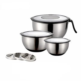 MOYA Polished Stainless Steel Salad Bowl Set with Grater & Transparent Lids | Nestable Kitchen Storage